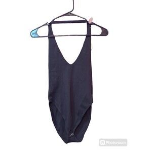 Forever 21 Bodysuit Medium/Large Black Sleeveless Rib Deep V neck Thong Woman's